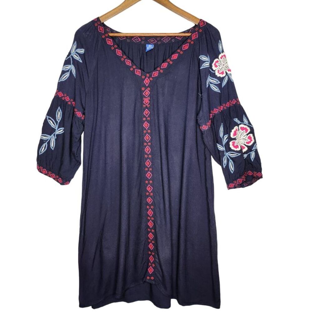 Raj Embroidered Floral Mini Dress Long Flared Sleeve Boho Size Large Blue Red